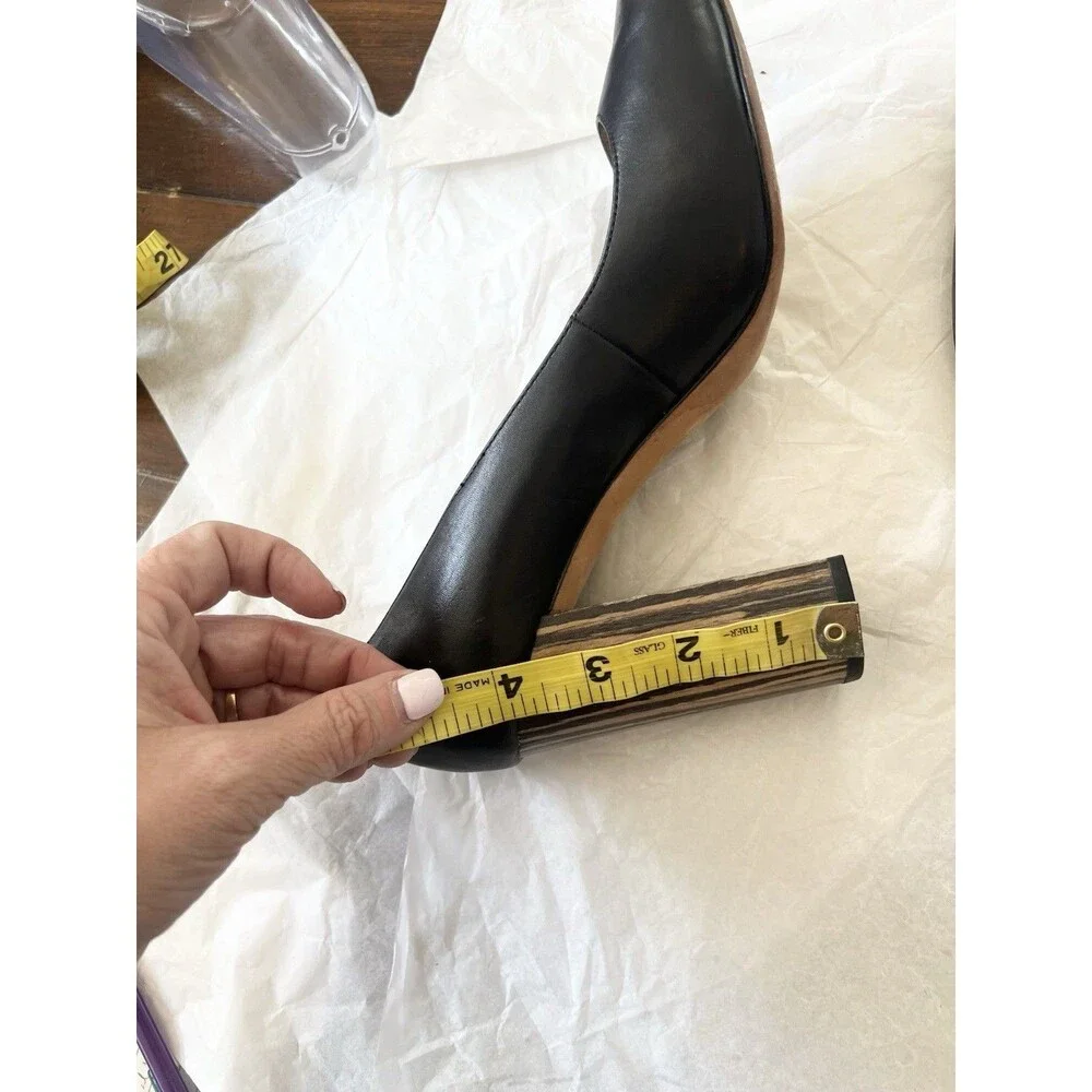 Pour La Victoire Shoes Size 10 Leather Pump Black Pointed Toe Wood Block Heels